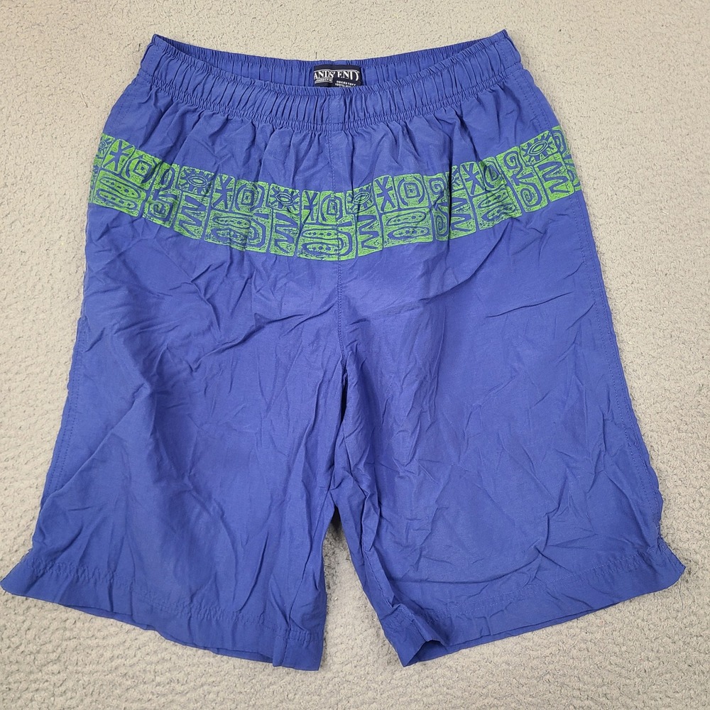 Lands End Youth Boys Swim Trunks Shorts Large 25 Waist Blue Tribal Print Lined